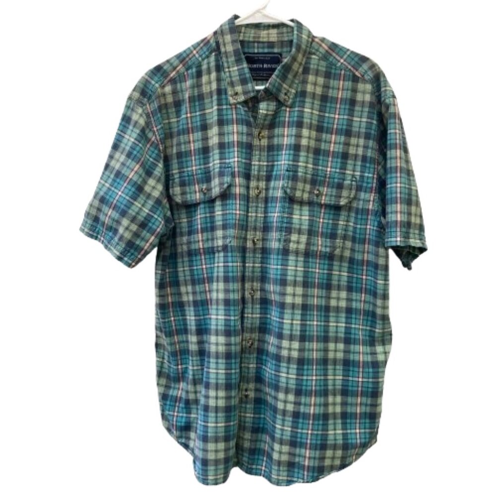 North River Men's SS Plaid Shirt Button up, Cotton Earthy Rugged Retro sz Large